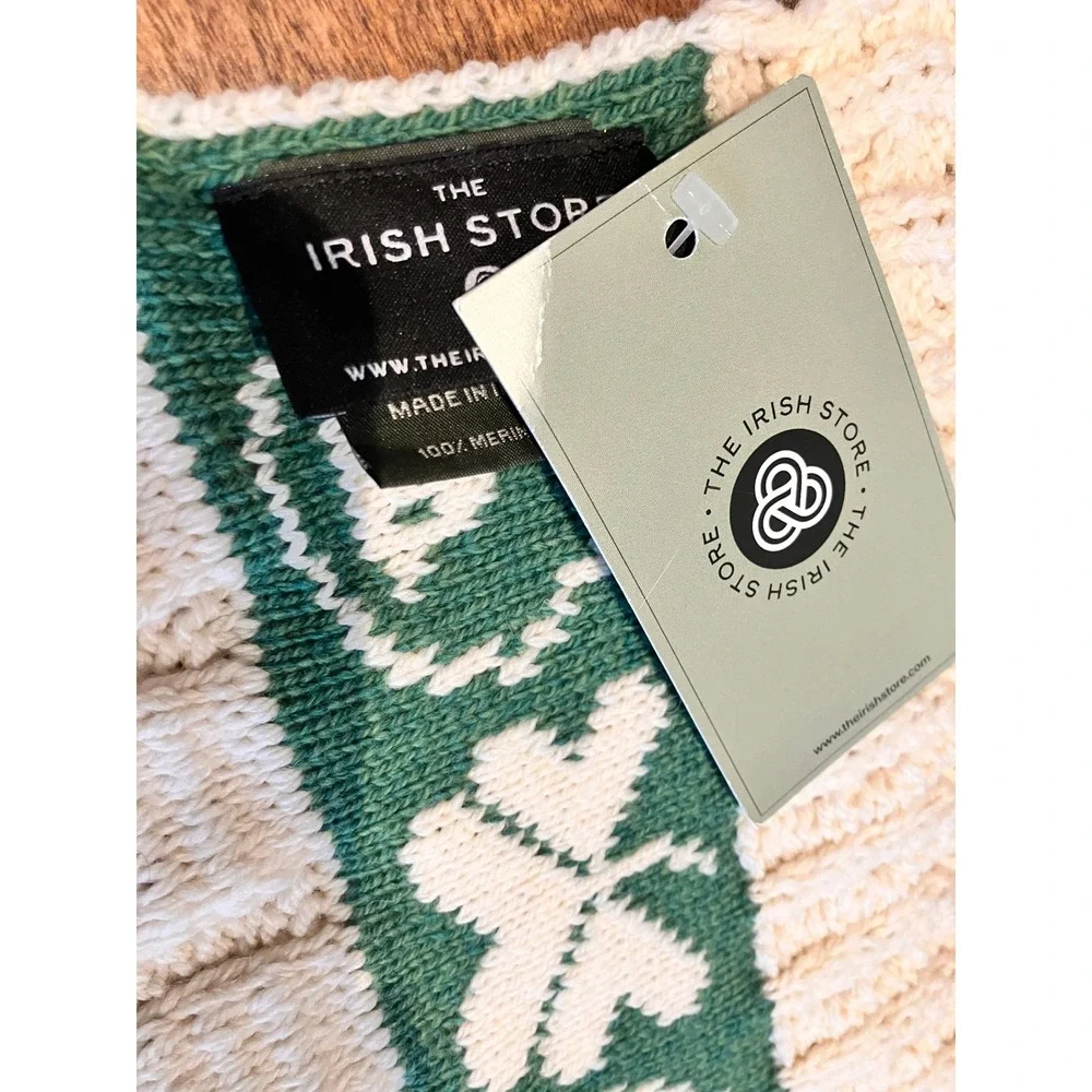 The Irish Store Aran Baby Blanket Merino Wool Cream Green Sheep Shamrock Ireland